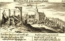 Wallberg - pohled na hrad v popredi popraviste s prelamanymi 1678 sibenicemi  z dila Daniela Meissnera.jpg
