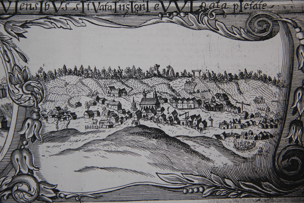 Pohled na Milevsko na rytině Marka Müllera z roku 1721. Šibenice je jasně vidět nad městem, směrem k západu. Ze sbírek Milevského Muzea.