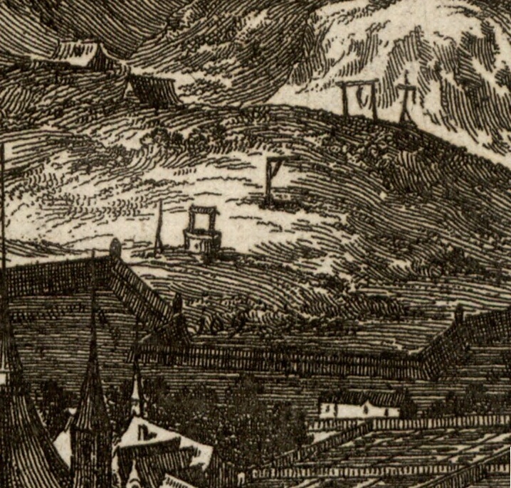 Jasně vyobrazené popraviště za Horskou branou pod vrchem Žižkovem